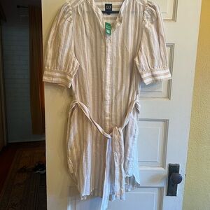 Gap Puff Sleeve Linen-Cotton Shirtdress — Tan/White Stripe, Size M